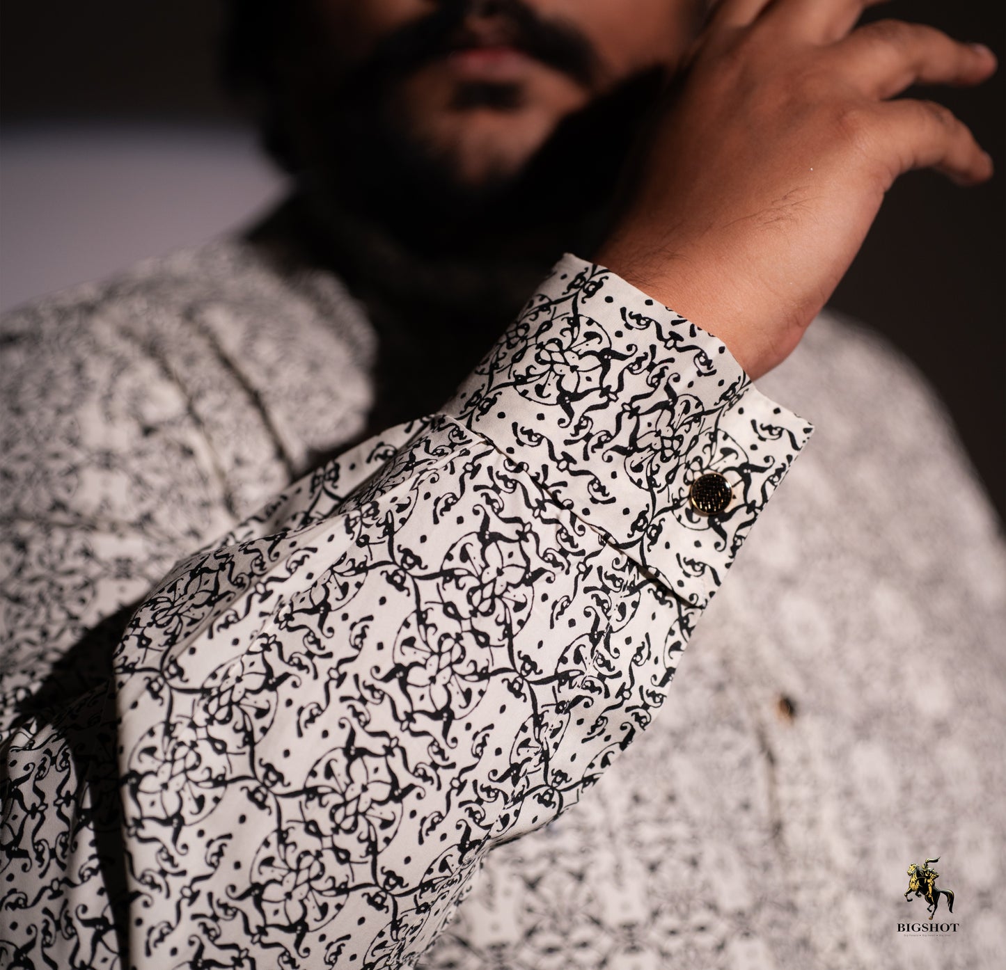 White-Black Arabic Pattern Panjabi