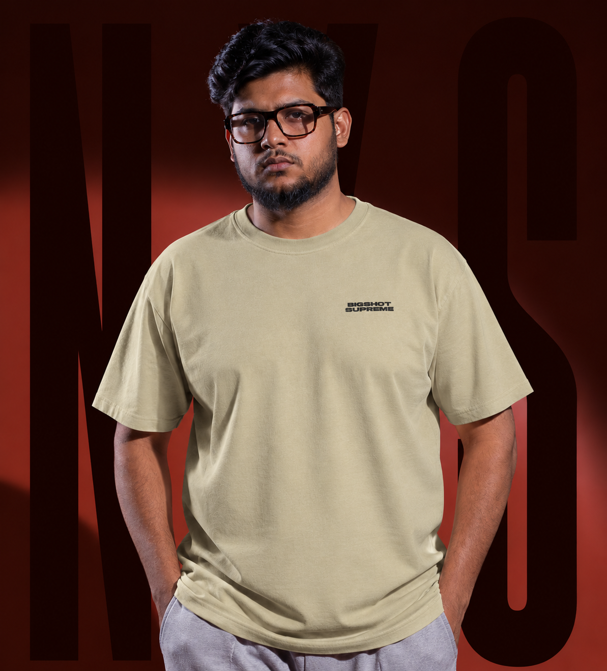 Big Size Drop Shoulder - Beige Chest Middle Text