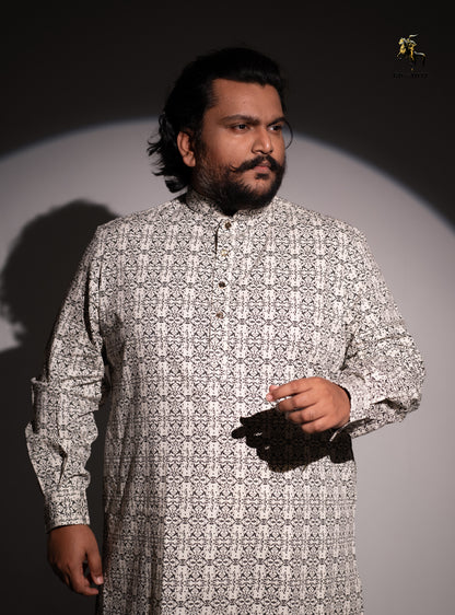 White-Black Arabic Pattern Panjabi