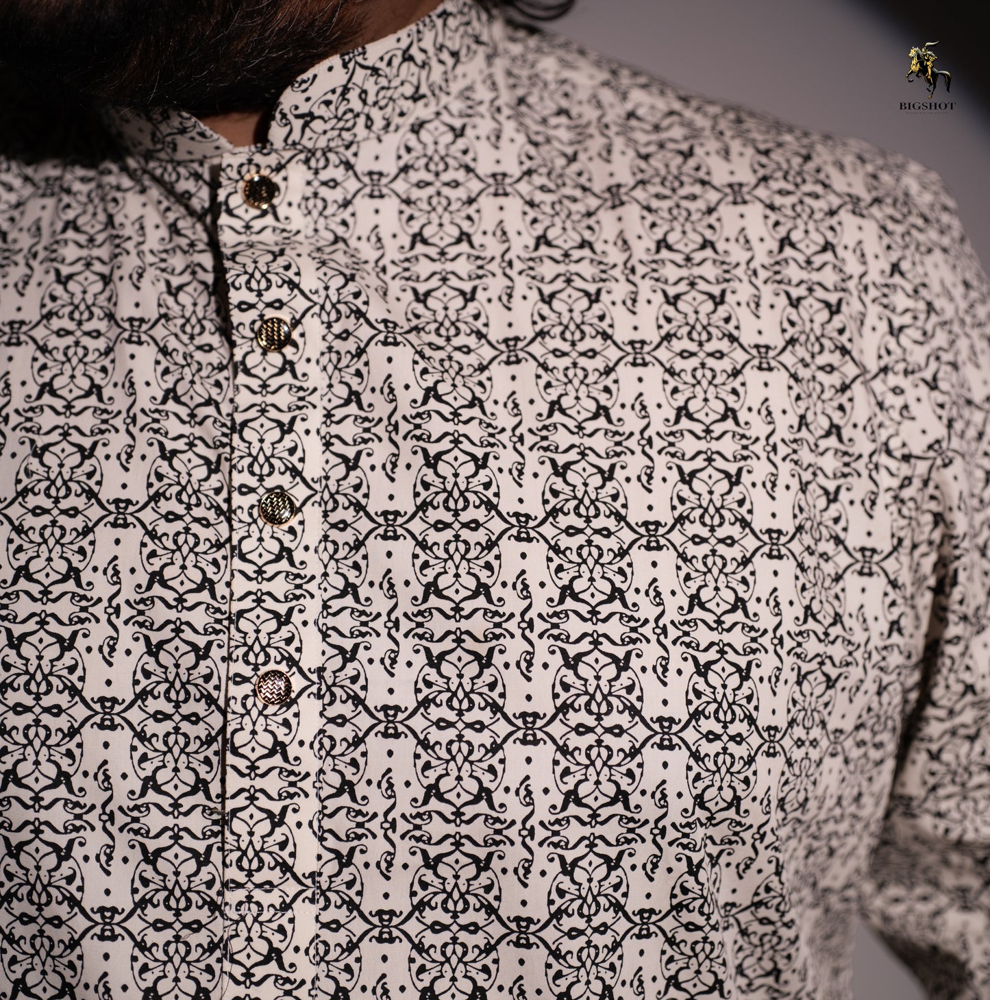 White-Black Arabic Pattern Panjabi