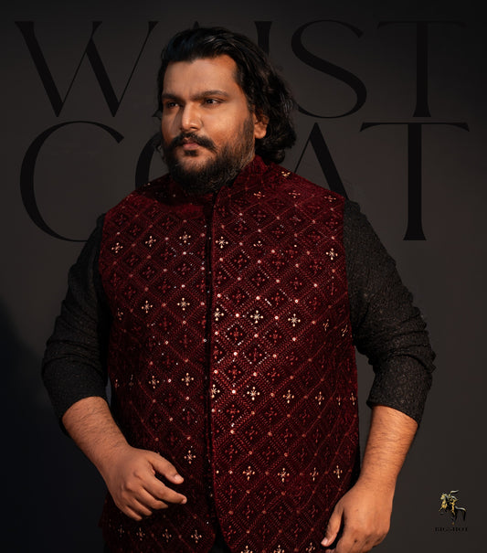 BIG SIZE Waist Coat - Deep Maroon