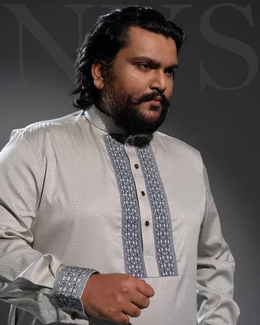 Frosted Ash Deep Navy Embroidered Luxury Panjabi - NYS Edition (Pre Order)