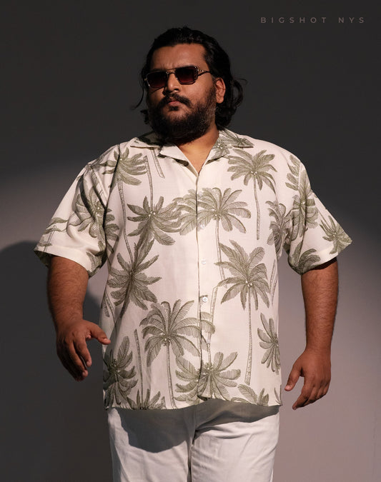 White Tropical Palm Tree Half Sleeve Cuban Shirt
