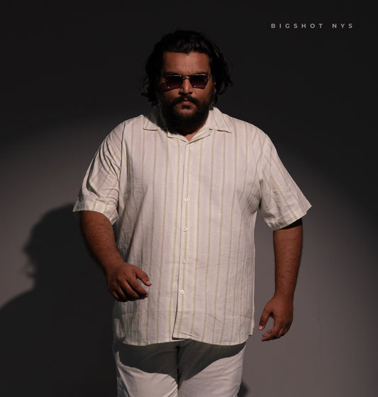 White Olive Line Half Sleeve Cuban Shirt