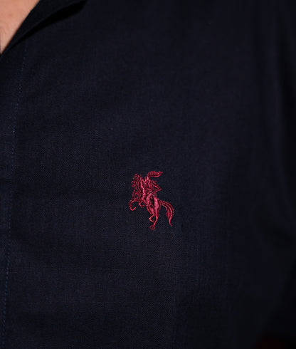Old Money Ban Collar Linen Shirt - Deep Navy