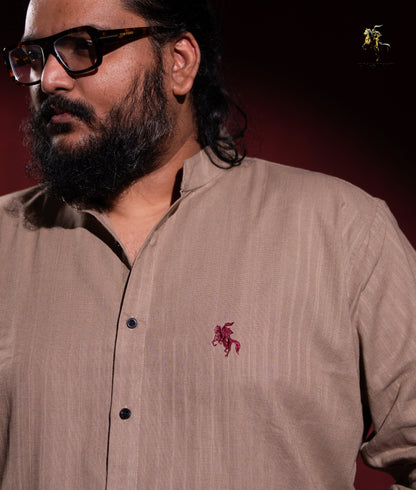 Old Money Ban Collar Linen Shirt - Beige