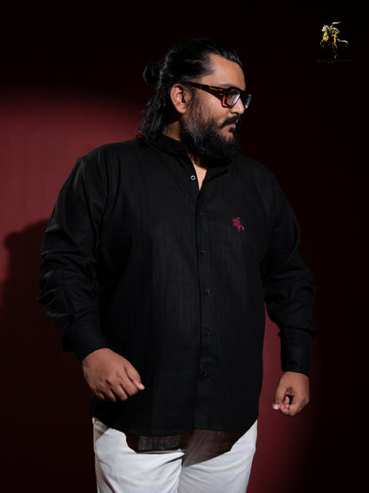 Old Money Ban Collar Linen Shirt - Black