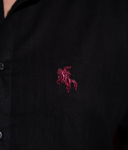 Old Money Ban Collar Linen Shirt - Black