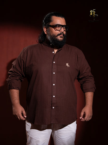 Old Money Ban Collar Linen Shirt - Brown