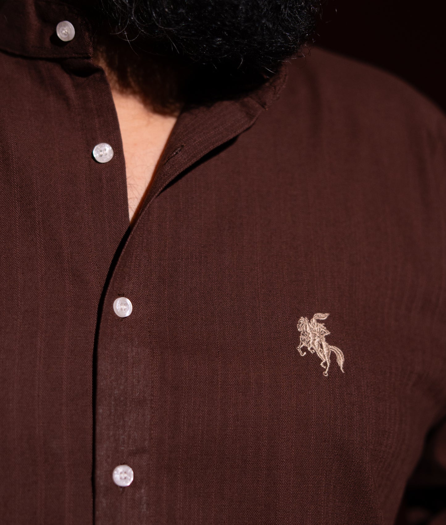 Old Money Ban Collar Linen Shirt - Brown