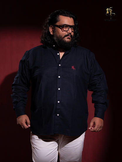 Old Money Ban Collar Linen Shirt - Deep Navy