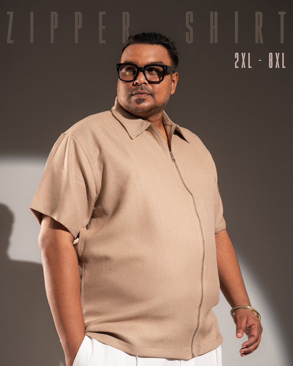 Half Sleeve Zipper Shirt - Beige