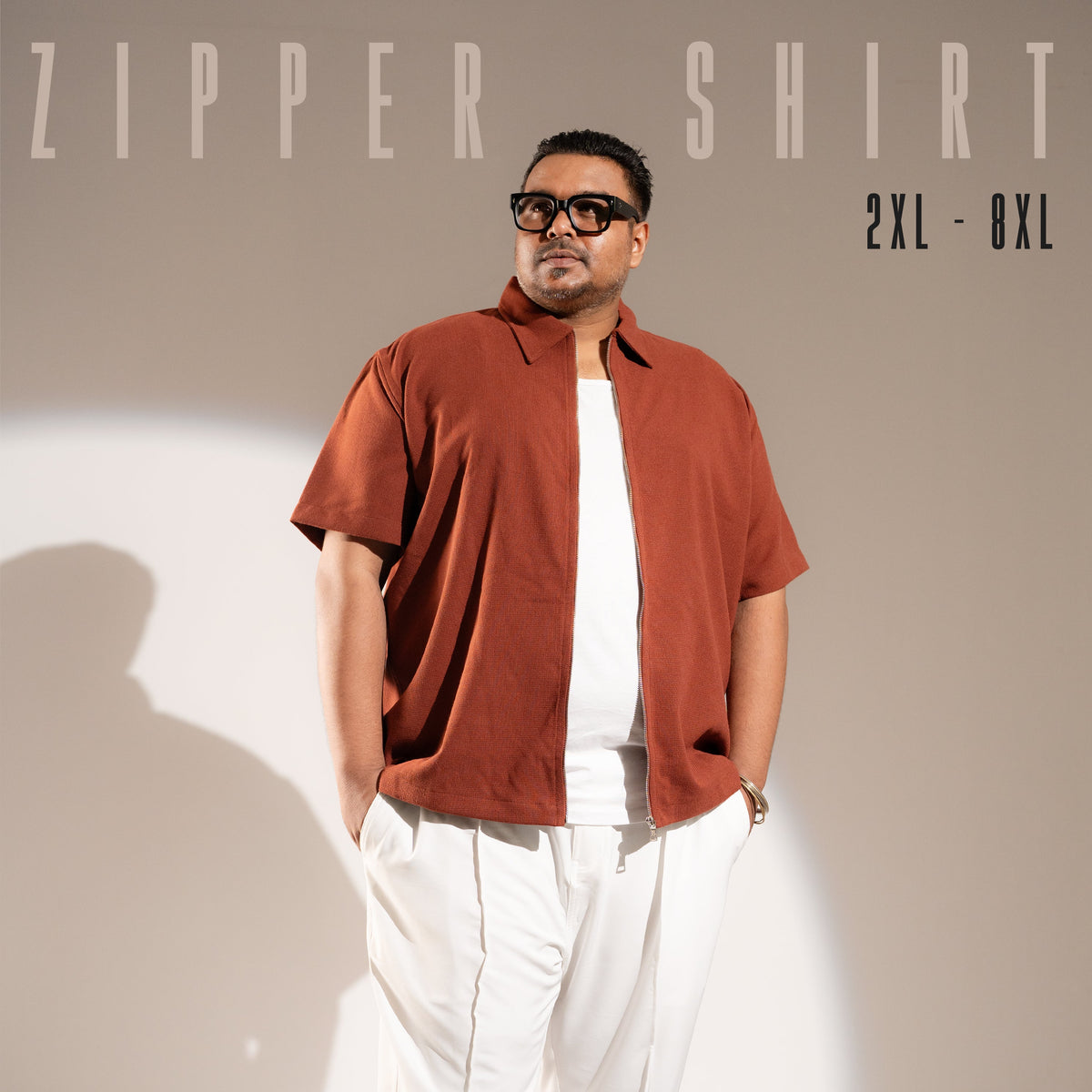 Half Sleeve Zipper Shirt - Rust Orange