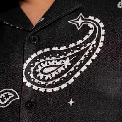 Black White Paisley Printed Half Sleeve Cuban Shirt