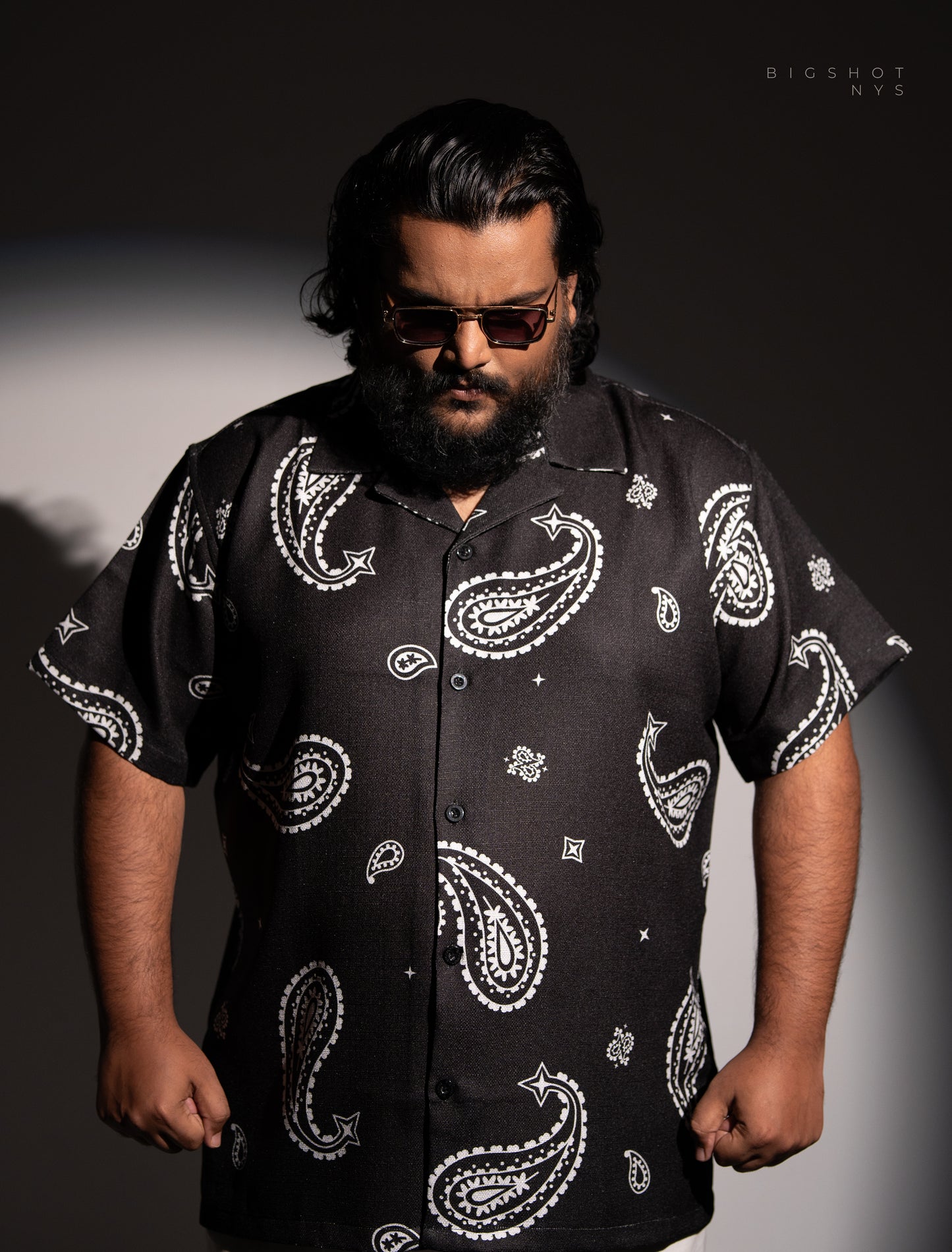 Black White Paisley Printed Half Sleeve Cuban Shirt