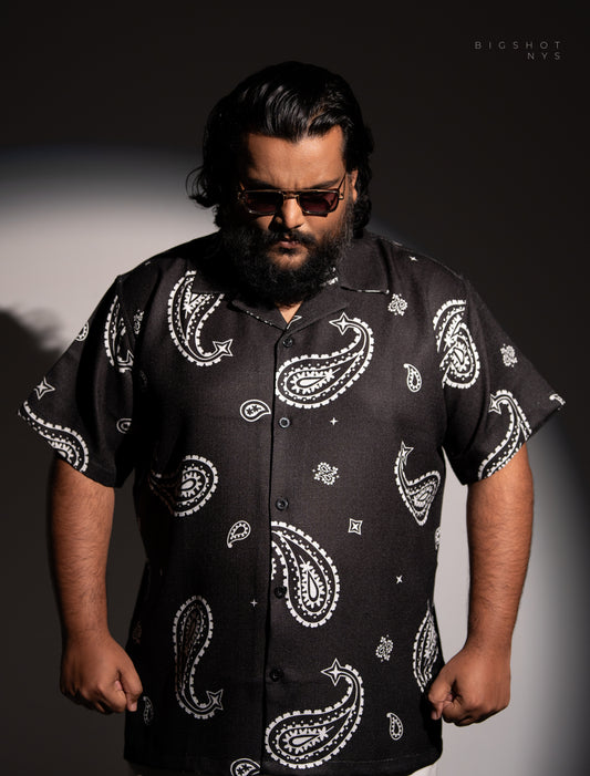 Black White Paisley Printed Half Sleeve Cuban Shirt