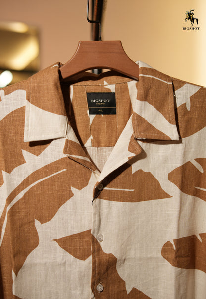 Orange Tropical Leaf Half Sleeve Cuban Shirt