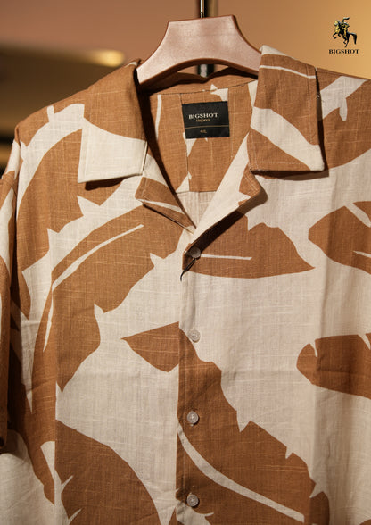 Orange Tropical Leaf Half Sleeve Cuban Shirt