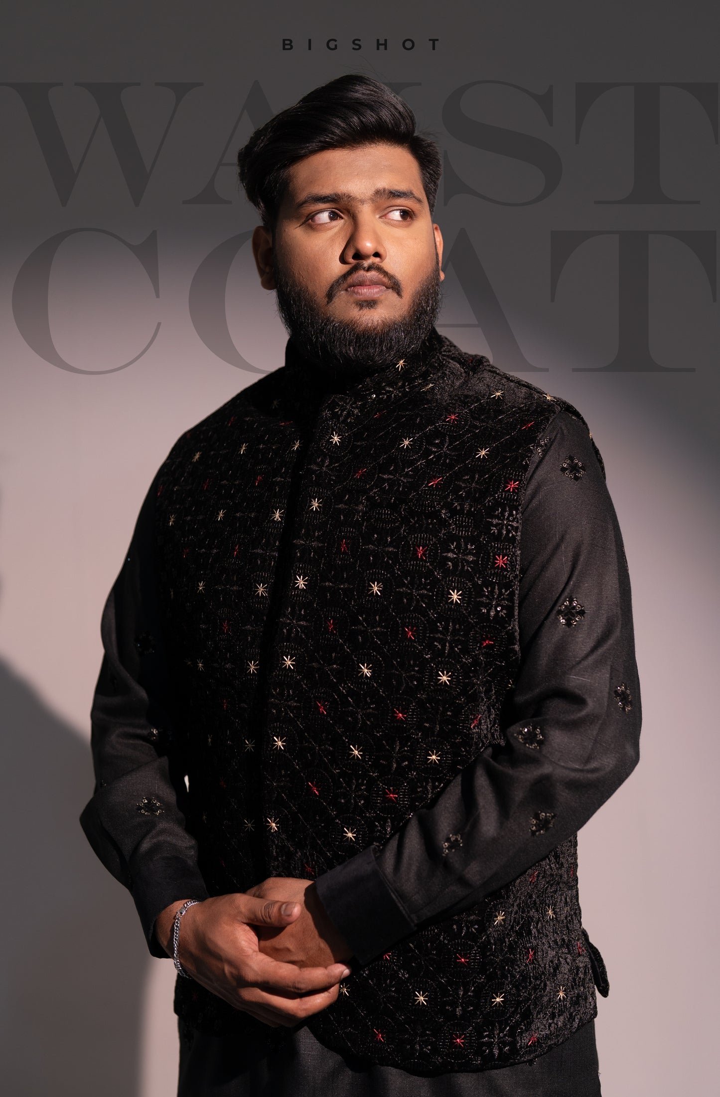 BIG SIZE Waist Coat - Sparkled Black